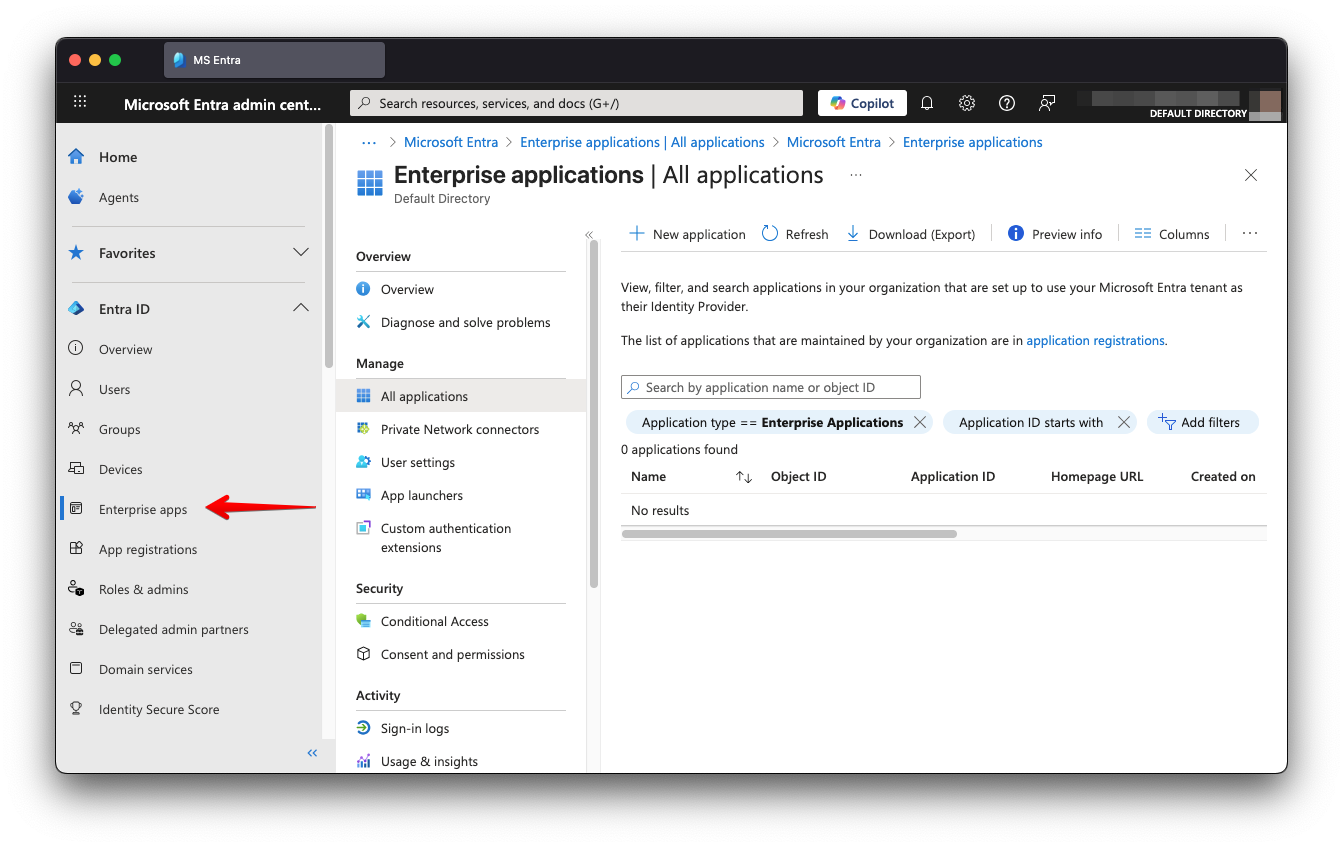 MS Entra applications list
