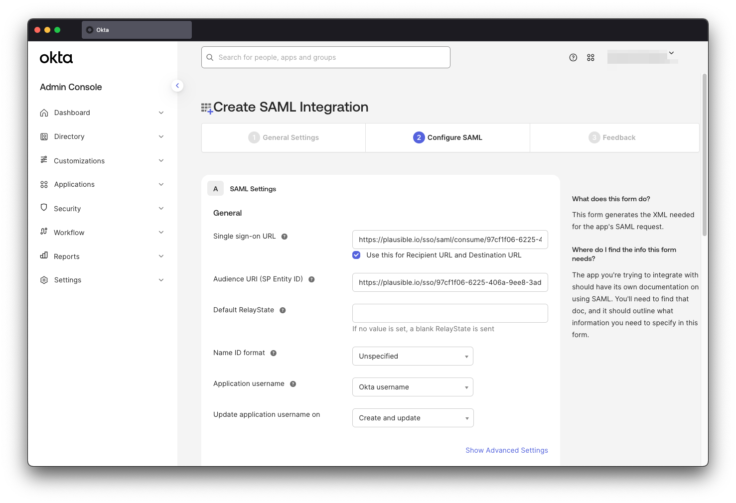 Okta service provider configuration details
